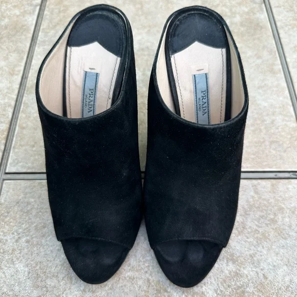 PRADA Women's Black Suede Wedge Peep / Open Toe Mule - Picture 6 of 15